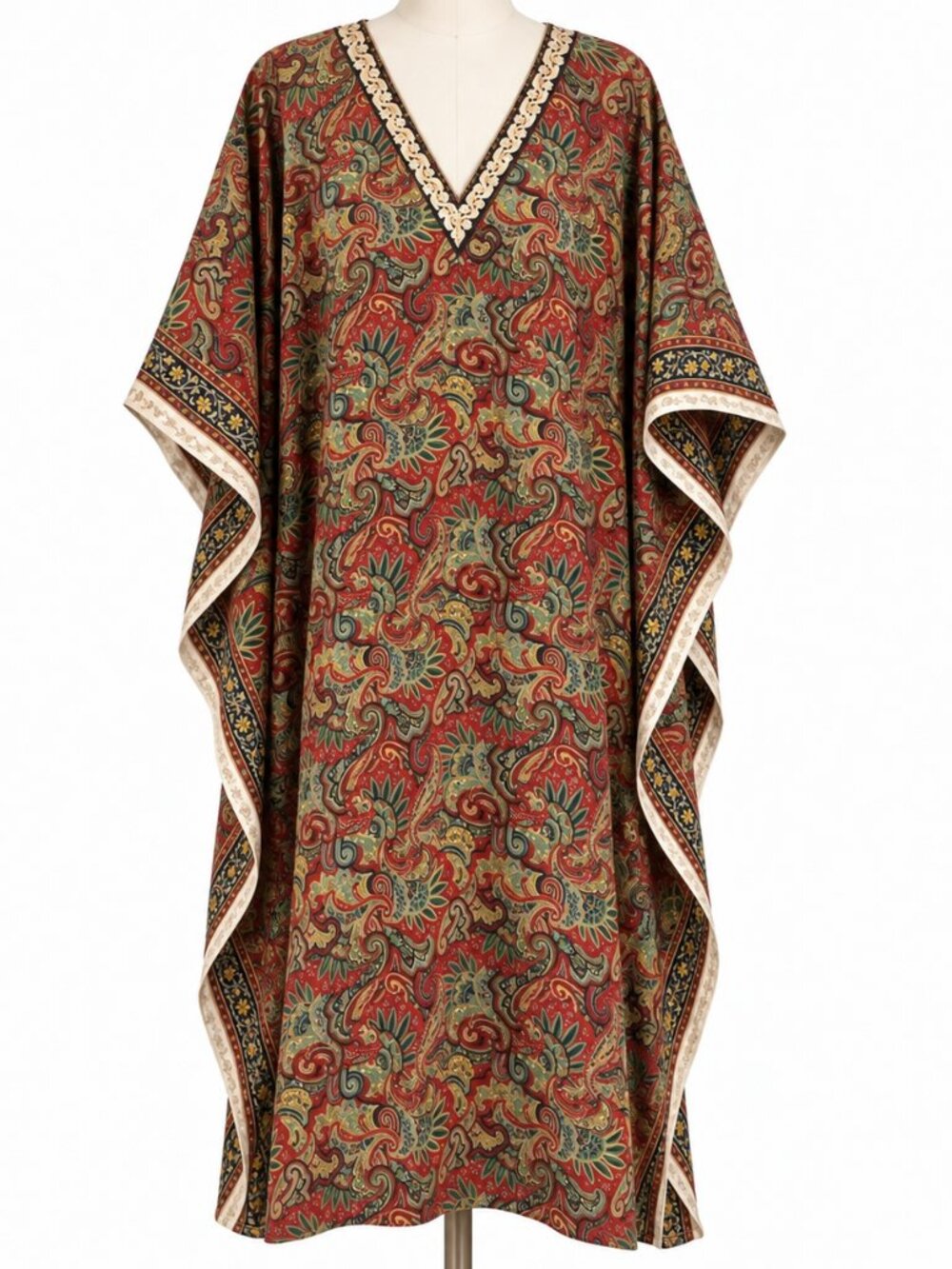 Carla Christoph Custom Paisley Caftan Kaftan Midi Dress Red Green Gold OS